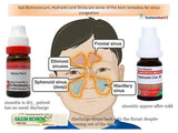 Diagram of sinus anatomy with homeopathic remedies labeled for sinusitis relief