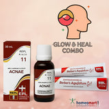 Glow & Heal Combo with ACNAE bottle, box, and gel on a beige background