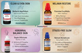 Collection of homeopathic skin pigmentation remedies with product bottles and descriptive text on a colorful background.