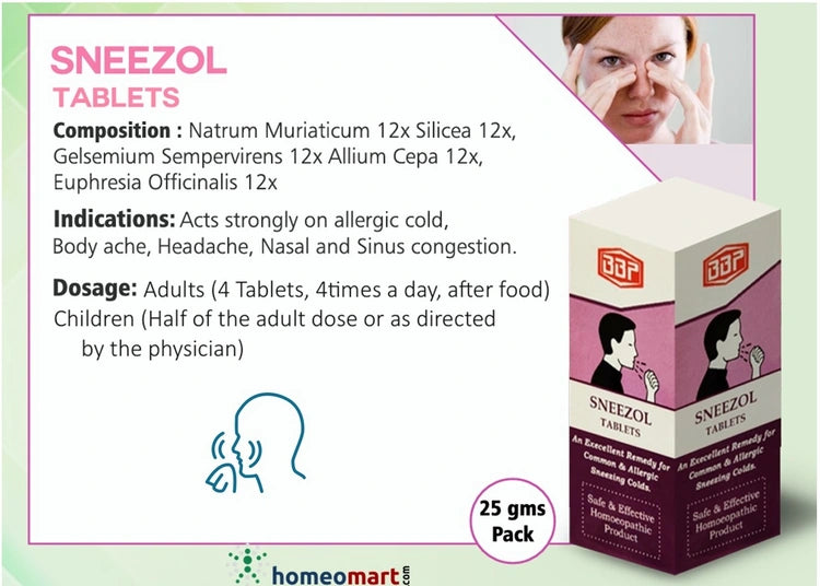 SNEEZOL Tablets packaging with product details on a white background
