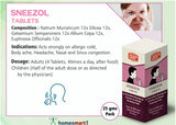 SNEEZOL Tablets packaging with product details on a white background