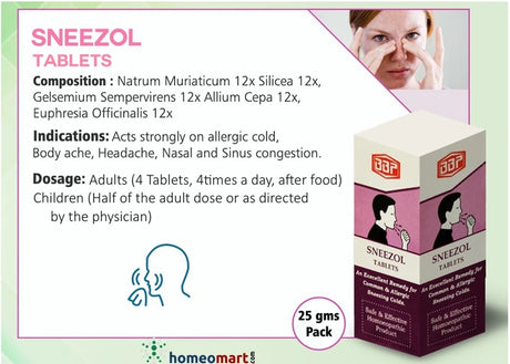 SNEEZOL Tablets packaging with product details on a white background