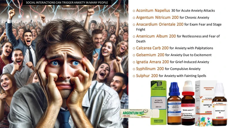 Person with anxious expression in front of a crowd, with a list of remedies on the right.