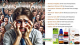 Person with anxious expression in front of a crowd, with a list of remedies on the right.