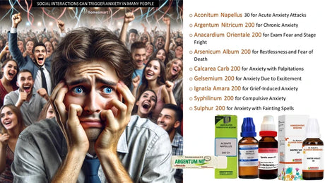 Person with anxious expression in front of a crowd, with a list of remedies on the right.