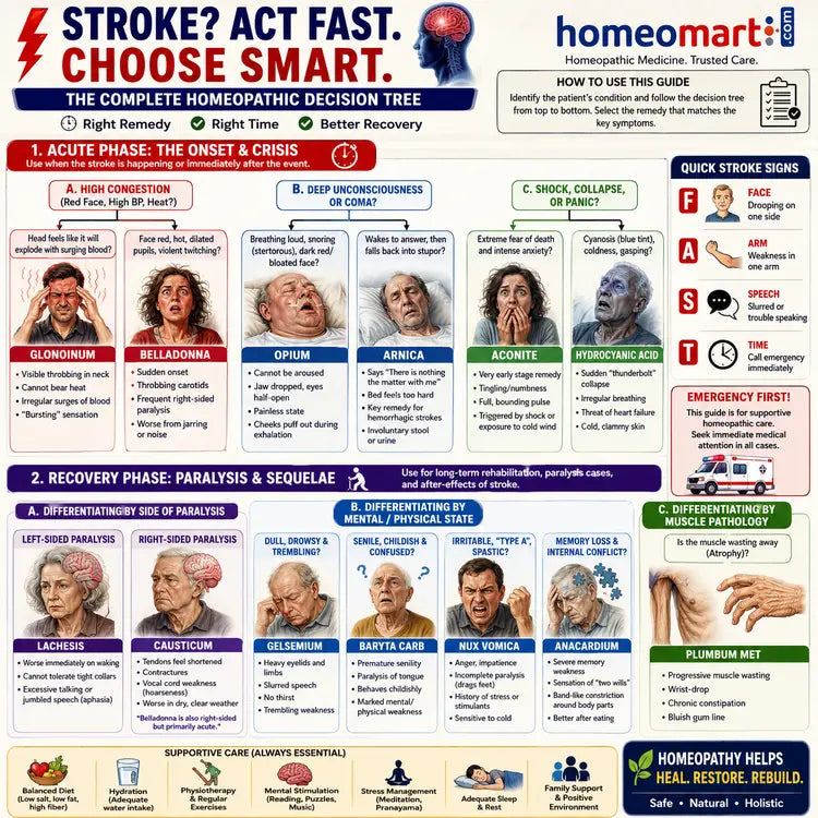 infographic decision tree for homeopathic stroke and apoplexy remedies showing acute stroke management and recovery phase differentiation. Features Aconite, Belladonna, Glonoinum, Opium, Arnica, Hydrocyanic Acid, Lachesis, Causticum, Gelsemium, Baryta Carb, Nux Vomica, Anacardium and Plumbum Met with symptom-based remedy selection for paralysis, coma, congestion, shock and rehabilitation.