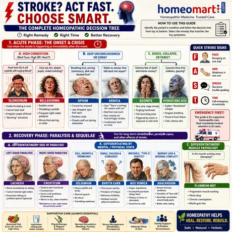 infographic decision tree for homeopathic stroke and apoplexy remedies showing acute stroke management and recovery phase differentiation. Features Aconite, Belladonna, Glonoinum, Opium, Arnica, Hydrocyanic Acid, Lachesis, Causticum, Gelsemium, Baryta Carb, Nux Vomica, Anacardium and Plumbum Met with symptom-based remedy selection for paralysis, coma, congestion, shock and rehabilitation.