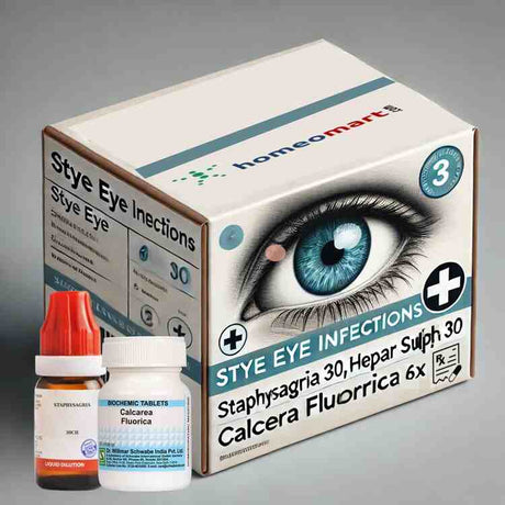 Professional medicine delivery box for Stye Eye Infections with infected eye icon and homeopathy remedies in fine print