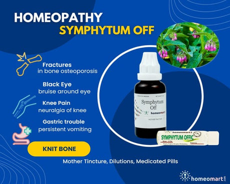 Homeopathy Symphytum Off product with bottle, packaging, and plant image on a blue background with text on benefits 