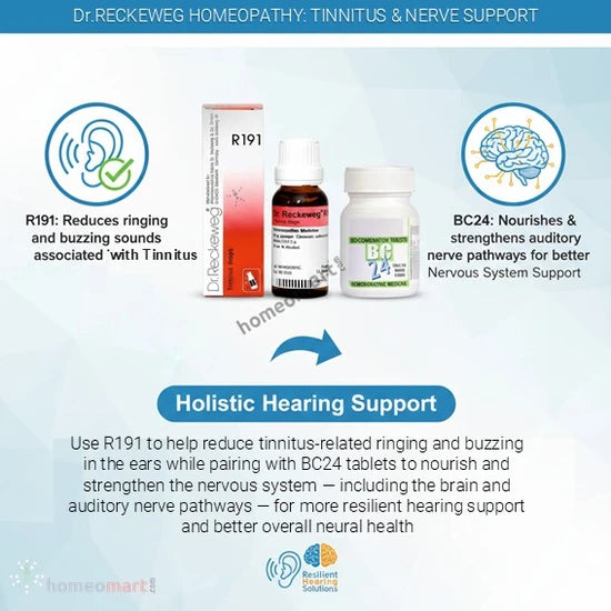 Dr. Reckeweg homeopathy products for tinnitus and nerve support on a light blue background.