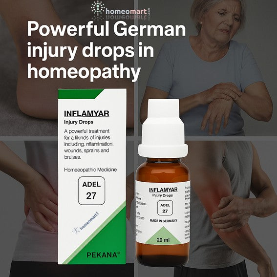 INFLAMMYAR Injury Drops packaging and bottle with text 'Powerful German injury drops in homeopathy' on a dark background.