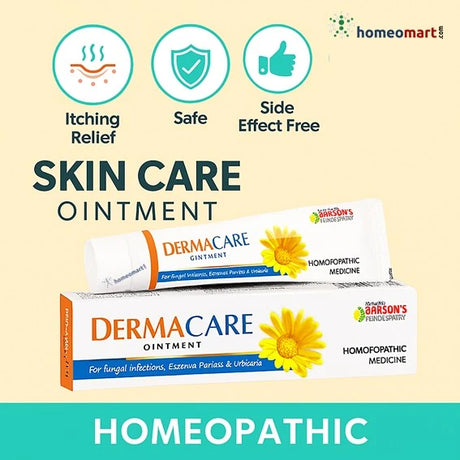 DermaCare ointment packaging with branding and product benefits of skin care ointment in homeopathy on a light beige background
