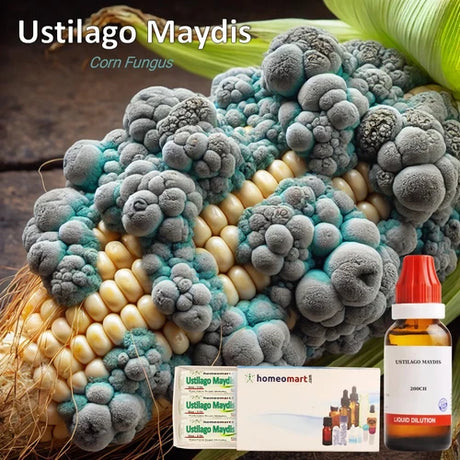 Corn with Ustilago Maydis fungus and Homeomart homeopathy product packaging.