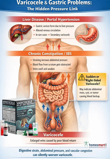Medical infographic about varicocele and gastric problems linking liver disease, chronic constipation, and IBS.
