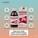 Vasakof cough syrup bottle and box with illustrations of respiratory symptoms on a gradient background.