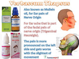 infographic for Verbascum Thapsus oil and mullein oil, with product images and anatomical illustration in facial neuralgia