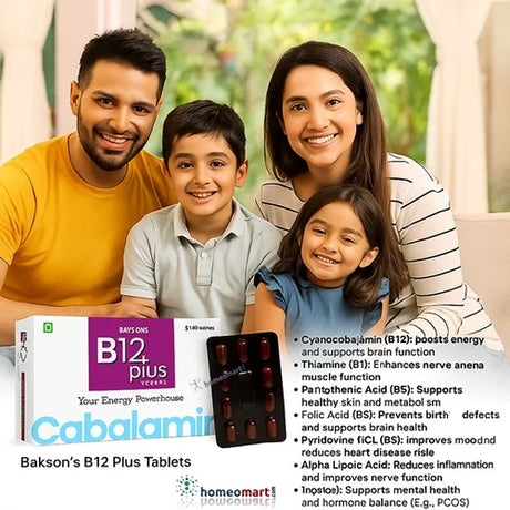 Boost your energy, improve brain function, and support nerve health with Bakson's B-12 Plus Tablets. This comprehensive vitamin B complex includes essential nutrients like Vitamin B12, Thiamine, and Folic Acid to promote red blood cell formation, support metabolism, and improve overall well-being. 