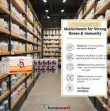 Homeopathic multivitamin packaging with product details on a blurred pharmacy shelf background