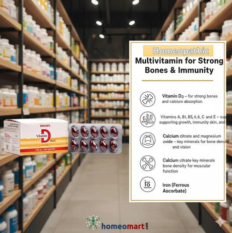 Homeopathic multivitamin packaging with product details on a blurred pharmacy shelf background