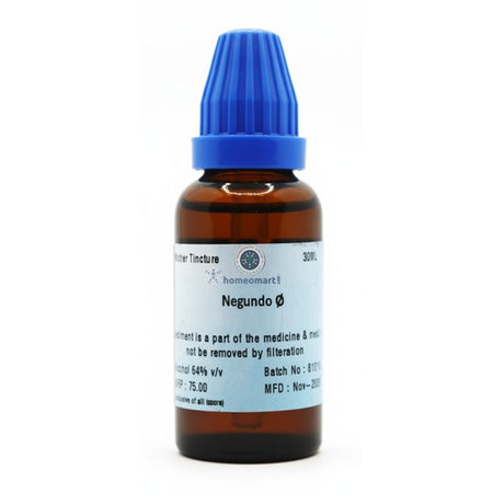 Brown glass bottle with blue cap labeled 'Negundo' on a white background