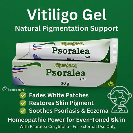 Bhargava Psoralea Gel packaging with infographic on a green background