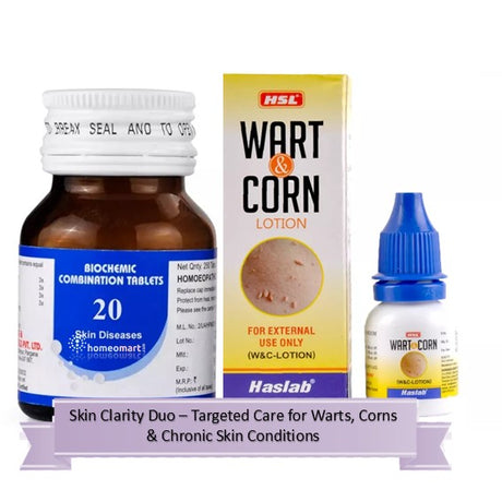 Two bottles and a box labeled 'Wart & Corn' with branding on a white background.