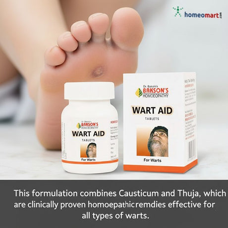 Bottle and box of Wart Aid tablets with a foot showing a wart, branded by   Homeopathy on Homeomart.