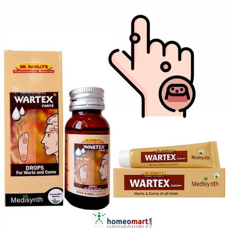 Wart treatment products including a box, bottle, and cream with Medisynth branding.