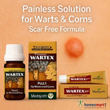 Wartex product packaging with a scar on skin background, labeled as 'Painless Solution for Warts & Corns'.