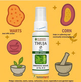 Thuja homeopathic mist spray bottle with illustrations of warts and corn on a yellow background