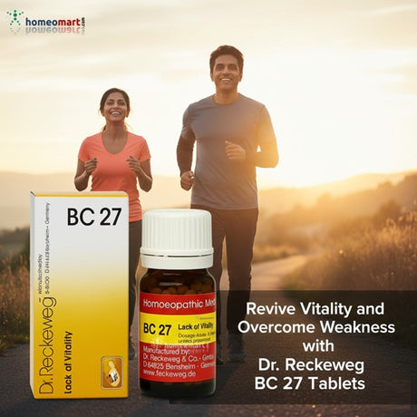 Dr. Reckeweg BC 27 tablets and packaging with a couple running in the background.