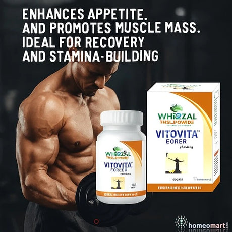 Muscular man holding a dumbbell with Vitovita supplement and packaging on a dark background.