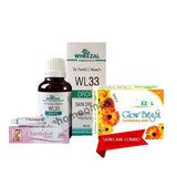 Collection of Wheezal skin drops soap and Charmskin skincare products on a white background