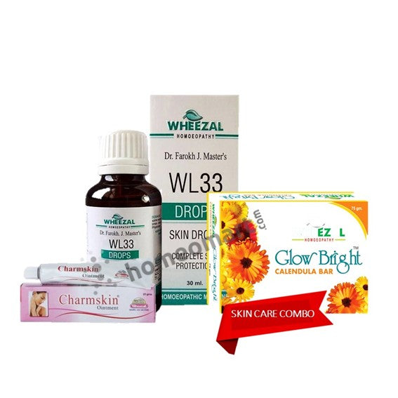 Collection of Wheezal skin drops soap and Charmskin skincare products on a white background