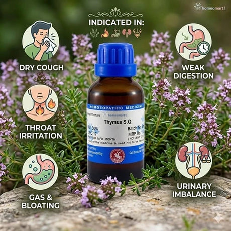 Bottle of Thymus  serp Q homeopathic medicine with indicated uses on a natural background