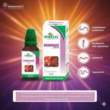 Wheezeal Wormsoul Drops packaging with product description on a vibrant background showing intestinal worms