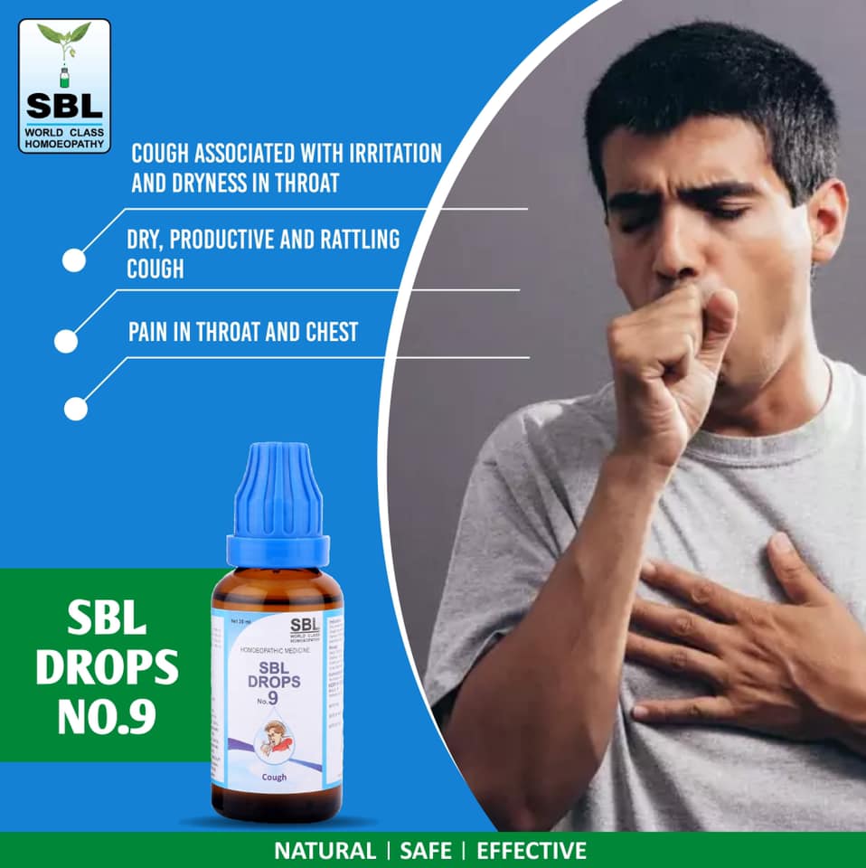 Homeopathy SBL drops no 9 for dry cough, irritation dryness of throat, rattling cough