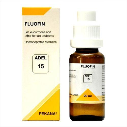 ADEL 15 Fluofin Drops 20ml for leucorrhoea, itching, yellow discharge, and pelvic pain. Homeopathic drops for female reproductive health.
