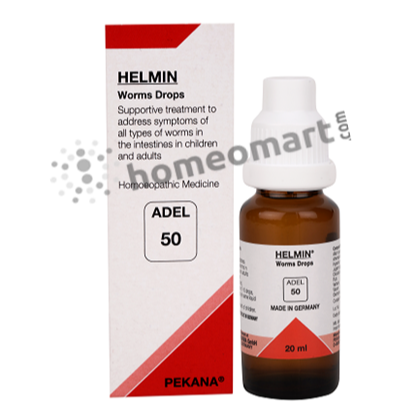 Packaging for Adel 50 homeopathic drops for intestinal worms, including the box and the bottle, with branding and dosage information.