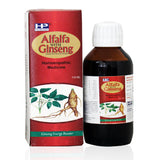 A product image showing Hahnemann pharma Alfalfa Tonic with Ginseng in packaging, which includes a red box and a black bottle with a white label.