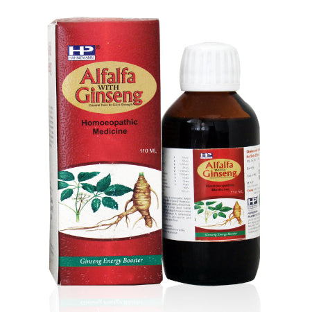 A product image showing Hahnemann pharma Alfalfa Tonic with Ginseng in packaging, which includes a red box and a black bottle with a white label.