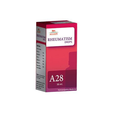 Allen A28 Rheumatism Drops ease joint pain, arthritis, gout & stiffness. Herbal formula with Rhus Tox, Arnica & Ruta. No side effects. 30ml bottle.