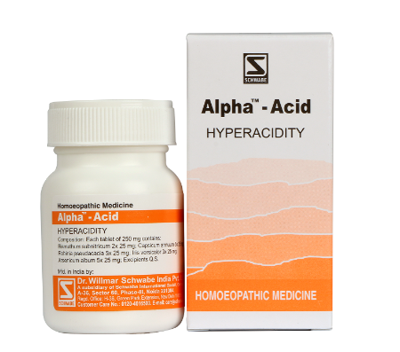 Relieve acidity, bloating & heartburn naturally with Schwabe Alpha-Acid tablets. Homeopathic formula for digestive balance & sour reflux relief.