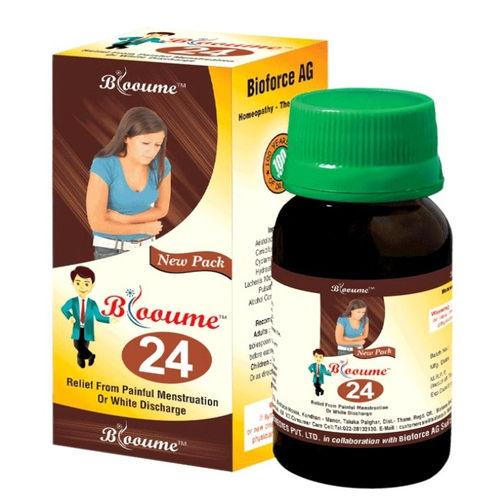 Blooume 24 Menstrusan is indicated for absence or cessation of menstruation, insufficient flow, painful menstruation ( dysmenorrhea) and white discharge.