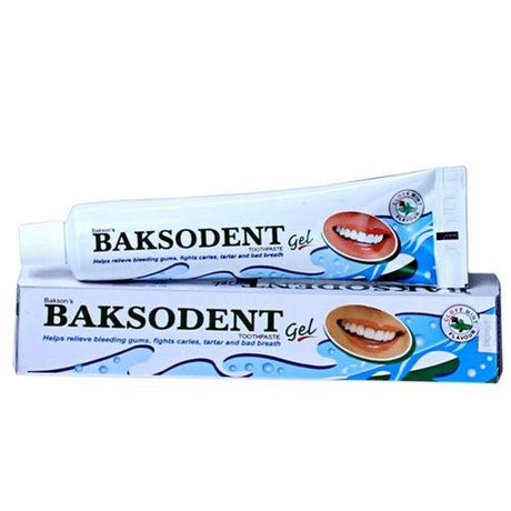Relieve bleeding gums, plaque & bad breath with Bakson’s Baksodent Gel. Twice as effective as regular toothpaste. Clove Mint freshness.