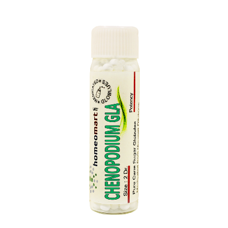 A white sterile glass vial labeled 'Chenopodium Glaucum' for homeopathic medicine, containing pills coated in a white substance.
