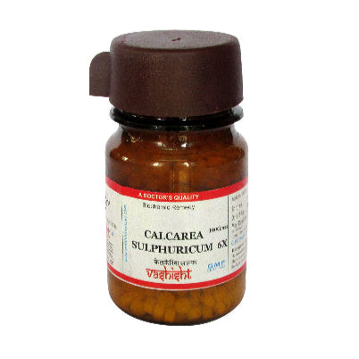 Dr. Vashisht Calcarea Sulphuricum tablets for abscess, chronic wounds, skin eruptions, joint pain & slow-healing cuts. Safe biochemic remedy in 30g & 100g.