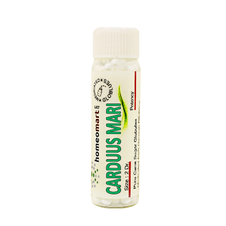 A clear glass vial labeled 'Homeomart Carduus Marianus' containing white granular substance, intended for use as a homeopathic remedy.