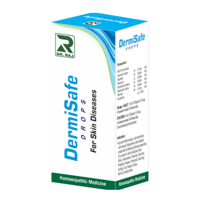Packaging for Dr Raj Dermisafe homeopathic medicine, displaying the product name and description for skin diseases.