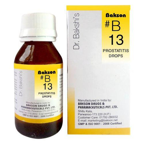 Dr.Bakshi B13 Prostatitis Drops is a homeopathic formula designed to relieve symptoms of prostate inflammation, urinary urgency, and frequent urination